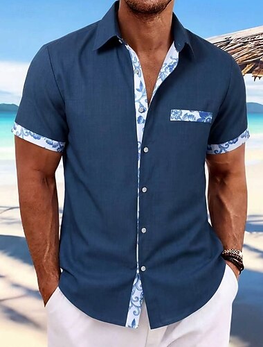  Herre Skjorte Uformell skjorte Skjorte med knapper Navyblå Kortermet Blomstret Skjortekrage Avslappet Daglig Lapper Klær Mote Gatemote Fritid