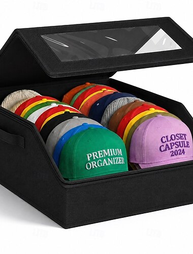  Caixa organizadora multifuncional dobrável para chapéus, resistente e ideal para guardar até 24 bonés de beisebol. Organizador transparente para chapéus, perfeito para armários e quartos. Ampla caixa para chapéus com revestimento de papelão.