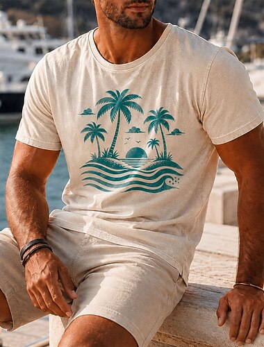  Herren-T-Shirt mit Palmenblatt- und Kokosnusspalmenmuster, Acid-Wash-Optik, schweres Material, Kurzarm, DTG-Rundhalsausschnitt, Hawaii-Stil, Alltags- und Urlaubsmotiv, blau, weiß, schwarz,