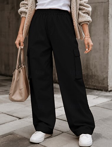  Dames Cargohosen Zomerbroek Modieus Casual / Dagelijks Volledige lengte Hoge taille Effen Zak Elastische taille Buiten Donker-Grijs Abrikoos Khaki Zwart Zomer Lente