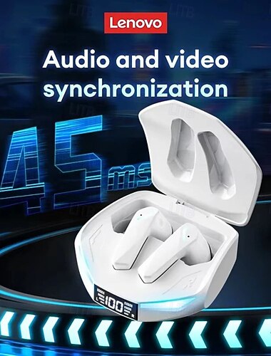  Auricolari da gioco wireless Lenovo con latenza ultra-bassa di 45 ms, cuffie Bluetooth con indicatore di alimentazione a LED, sincronizzazione audio/video, auricolari TWS con microfono per giochi e