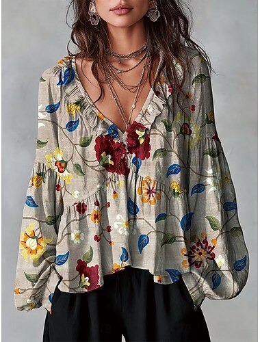  Mulheres Camisa Social Túnica Frufru Âmbar Floral Gráfico Elegante Boêmia Férias Manga Longa Decote V Tops regulares Casual Diário Azul Branco Vermelho Verde Verão Primavera