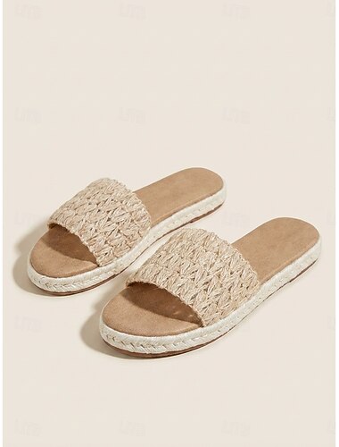  damesandaler i vevd raffia - bohemske, åpne stråsandaler med flat tå for sommerferie på stranden, naturlige espadriller