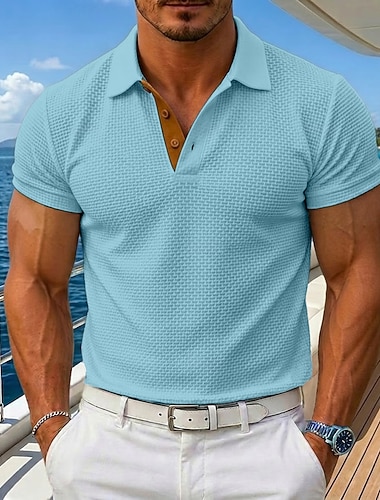  Herren Polohemd aus Eisseide-Seersucker Textur Lässig Ferien Umlegekragen Kurzarm Mode Basic Einfach Tasche Knöpfe Frühling & Sommer Sommer Normale Passform Blau Schwarz Weiß Grau Polohemd aus