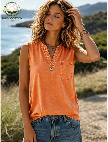  softfade™ dames henley shirt van 100% katoen, gewassen katoenen shirt, effen vintage, mouwloos, V-hals, casual, blauw, paars, oranje, zomer, lente