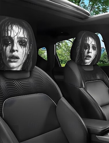  2/4 Stück Kopfstützenbezüge mit dunklem Gothic-Make-up-Print, Innenausstattung, ganzjährig passend, elastisch, einfach zu montieren, entlastet beim Fahren, geeignet für lange Autofahrten und