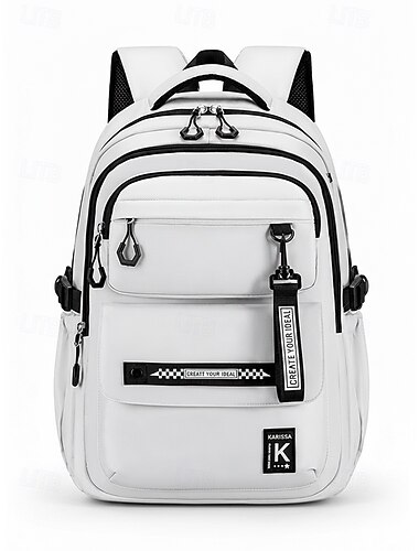  Studentenrugzak, zwart-wit-blauw, grote capaciteit, meerdere compartimenten, waterdichte polyester schooltas met bagageriem, geschikt voor universiteit, middelbare school, reizen en campus.