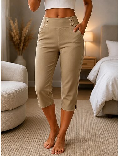  Damen Stoffhosen Gemütliche Leggings Lässig sportlich Wadenlang Natürliche Taille Einfach Seitentaschen Geteilt Bequem Atmungsaktiv Yoga Alltagstauglich Weiß Khaki Schwarz Marineblau Frühling Herbst