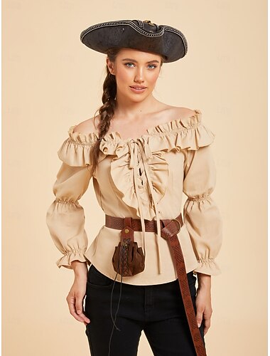  Set Rétro Vintage Médiéval Renaissance Blouse / Chemise Chapeau Ceinture Taille avec accessoires Manches longues Pirate Viking Épaules Dénudées Déguisement Femmes Pirate Fantaisie Halloween Carnaval
