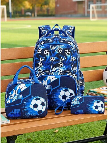  Kinderfußball &Rucksack-Set für Spielekonsolen, 3-teiliger Schulrucksack für Jungen, großes Fassungsvermögen, mehrere Fächer, wasserdichtes Polyester, ergonomisch gepolsterte Tragegurte, Brustgurt,
