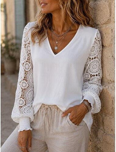  Damen Oberteil mit Spitzenspleiß Patchwork Illusionsspitze Bohemien Langarm Laternenärmel V Ausschnitt Lässig Weiß Sommer Frühling