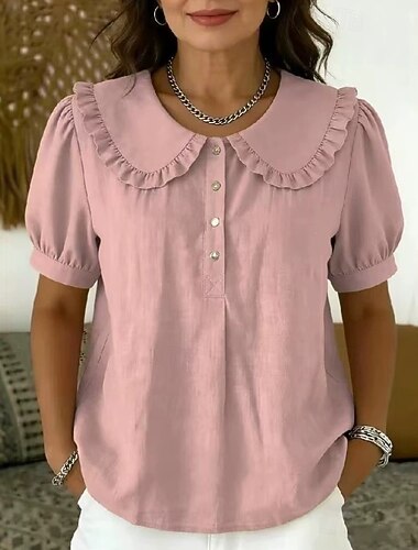  Mujer Camisa Bohemia Activo Vacaciones Manga Corta Collar de Peter Pan Tops regulares Casual Azul Piscina Blanco Verde Hierba Rosa Verde Trébol Verano Primavera