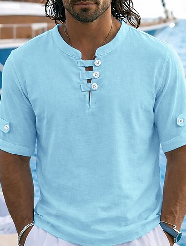  Herren Leinenhemd Poloshirts Lässig Urlaub Kragenlos Kurzarm Urlaub Modern Einfach Farbblock Knöpfe Sommer Frühling Blau Weiß Gelb Leinenhemd