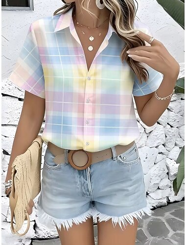  Nieuwjaar Dames Overhemd Grafisch Geometrisch Gestreept Vintage Tropisch Stijlvol Korte mouw Overhemdkraag Lange tops Casual Dagelijks Blozend Roze Zomer Lente