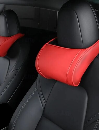  Sada 2 červených polštářů do auta, polštář na opěrku hlavy z umělé kůže s paměťovou pěnou pro Tesla Model 3, model Y-S-X, ergonomická opora krku řidiče pro úlevu od bolesti, měkký pohodlný polštář na