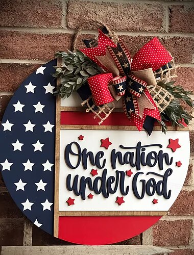 En nasjon under Gud, patriotisk dørhenger, 12" rundt treskilt, amerikansk flagg, inngangsdørdekor til 4. juli, minnedagen, uavhengighetsdagen, rustikk kransveggdekor, gårdshusdekor