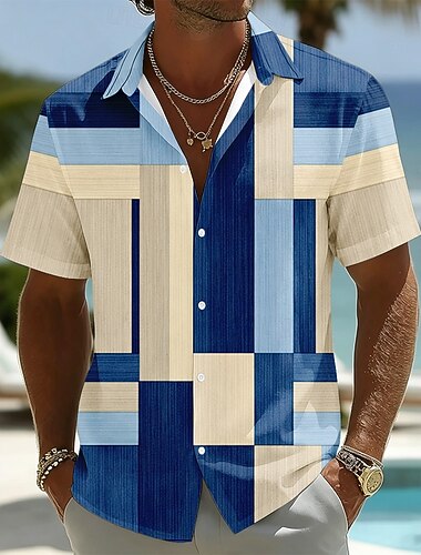  Homens Geométrica Xadrez Bloqueio de cores Camisa Social camisa de botão Manga Curta Moda Casual Diário férias na praia Verão Primavera Aberto para a Lateral Impressão 3D Camisa tipo linho Azul Azul