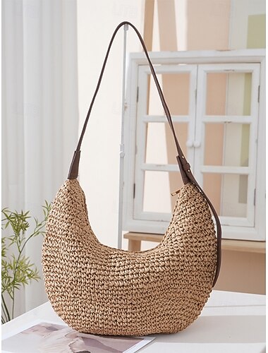 Dames geweven hobo schoudertas met grote inhoud, rieten handtas, ivoor &Khaki gehaakte draagtas, lichtgewicht zomerse strandvakantietas voor op reis, ideaal voor in het resort, om te winkelen of voor