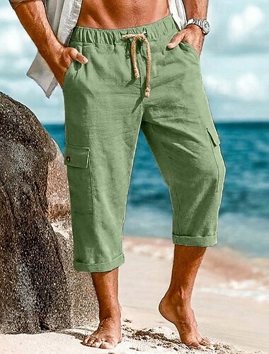  Herren Capri-Shorts Leinenhosen Sommershorts Baggy-Hosen Fronttasche Gerader Schnitt Cargotasche Einfach Komfort Atmungsaktiv Wadenlang Lässig Täglich Outdoor Urlaub Mode Weiß Khaki Unelastisch