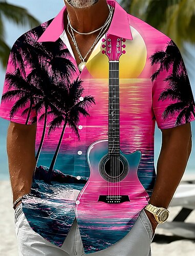  Per uomo Chitarra Palma di Cocco Piante Tropicali Camicia hawaiana estiva Camicie tropicali Camicia Aloha Manica Corta Hawaiano Quotidiano Vacanza al Mare Estate Primavera Collo ripiegato Stampa 3D