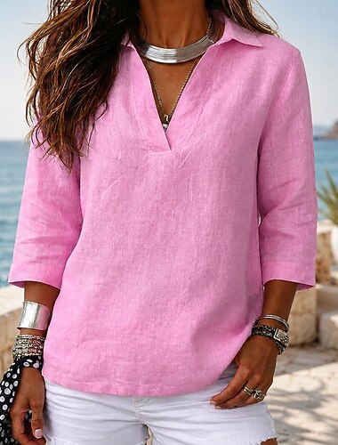  Damen Gewaschene Baumwolle Leinenhemd Strukturiert Vintage Dreiviertelarm Hemdkragen Weiß Schwarz Rosa Frühling, Herbst, Winter, Sommer
