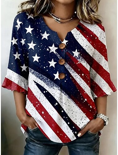  Amerikanischer Unabhängigkeitstag Damen Hemd Knöpfe Druck Grafik Flagge Stern Vintage Stilvoll Dreiviertelarm V Ausschnitt Normale Oberteile Lässig Täglich Ferien Blau Weiß Rote Dunkelblau Beige