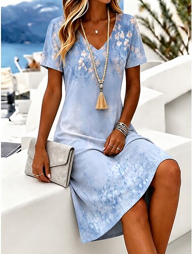  Damen Minikleid T-Shirt-Kleid A Linie Kleid Urlaub Lässig Boho Strand Normale Passform Blumen Grafik Kurzarm V Ausschnitt Blau Rosa Sommer Frühling
