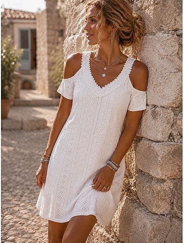  Damen Knielanges Kleid Cut-out-Kleider Elegant Täglich Normale Passform Einfarbig Kurzarm V Ausschnitt Weiß Schwarz Hellgrün Pudriges Rosa Sommer