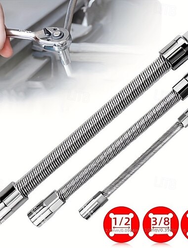  Set van 3 flexibele verlengstukken voor dopsleutels, metalen ratelsleutelverlenger met verstelbare hoek, lengtes van 145 mm/205 mm/250 mm, geschikt voor 1/4, 3/8 en 1/2 inch aandrijvingen voor gebruik