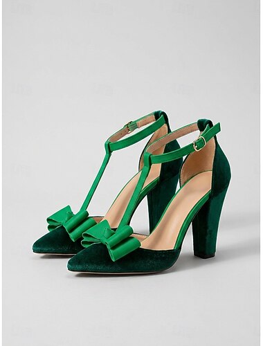  grønne fløyelshøye hæler til dame - elegante pumps med spiss tå og sløyfe, t-stropp og kraftig hæl for hverdagsbruk