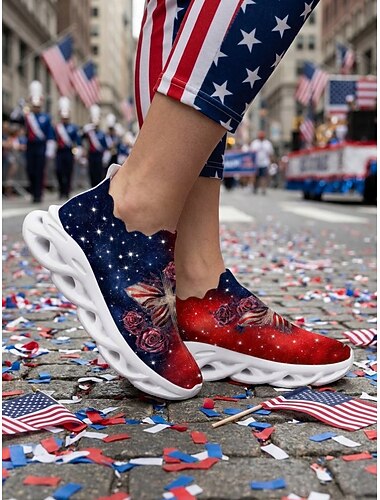  røde blå patriotiske slip-on tursko for kvinner – rosa &sommerfugltrykkede luftputesko til uavhengighetsdagen, feiringer av den fjerde juli, reiser, daglige gåturer og fritidsklær