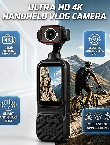 4k håndholdt vlogkamera med 270° elektrisk rotasjonsobjektiv, 12mp ultra HD-actionkamera, smart EIS anti-shake, bærbart lommevideokamera for vlogging YouTube TikTok, reisesport utendørs