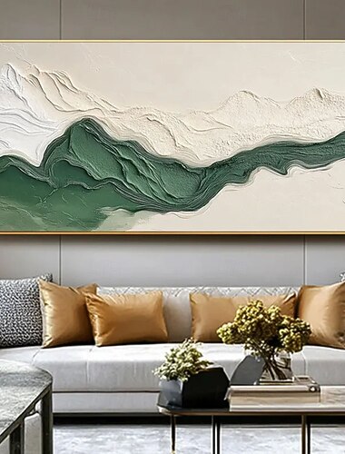  Handgemaltes, abstraktes 3D-Ölgemälde in Grün und Weiß mit strukturierter Oberfläche, handgemaltes Landschaftsbild, Originalgemälde eines grünen Flusses auf Leinwand, großes Wabi-Sabi-Wandbild für das