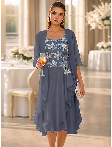  Deux Pièces Ligne A Robe Mi-long Robe d'invité de mariage Ample Robe de Mère de Mariée  Demi Manches Col Bateau Élégant Simple Formel robe demoiselle d honneur Fête de mariage Chiffon Echarpe incluse