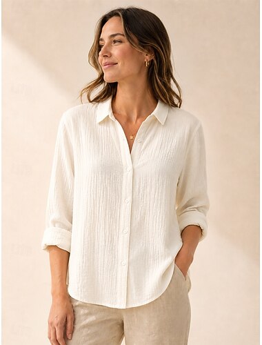  Mulheres Camisa Social Blusa Franzido Côr Sólida Elegante Moda Manga Longa Colarinho de Camisa Tops regulares Casual Branco Cáqui Preto Vermelho Verão Primavera
