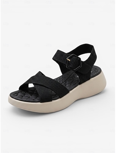  Sandales compensées bleues respirantes en maille pour femme, avec soutien de la voûte plantaire – sandales de marche à bride arrière ajustable, semelle intérieure rembourrée et semelle extérieure