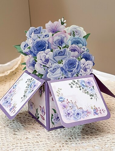  3D-popup-kort med lila rosor, stort blommigt gratulationskort i en låda för kvinnor, mamma, fru, mormor - handgjord present till mors dag, födelsedag, årsdag, krya på dig, tack, tänker på dig
