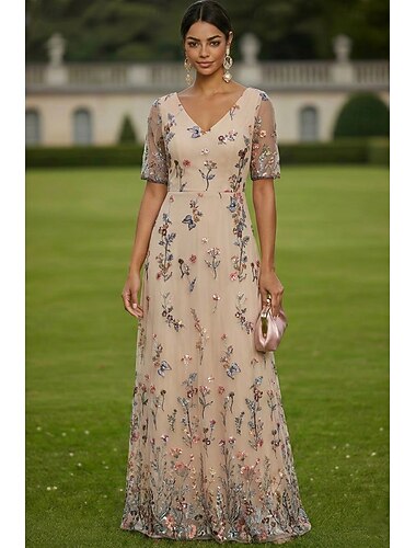  A-linje Kjoler Gulvlengde Maxikjole Festkjole Cocktail Kjole Kjole til brudens mor Kortermet V-hals Elegant Årgang Luksuriøs Formell Bryllupsgjest Kentucky Derby Chiffon Tyll med Blomstertrykk