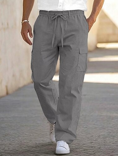  Męskie Spodnie cargo Lniane spodnie Spodnie Letnie spodnie Multi Pocket Prosta noga Równina Komfort Oddychający Pełna długość Codzienny Na zewnątrz Moda Moda miejska Khaki Czarny