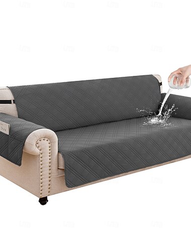  Capa para sofá de 4 lugares para animais de estimação, 100% impermeável e resistente a derramamentos, capa acolchoada de 4 camadas com bolsos laterais, antiderrapante, lavável, protetora de móveis