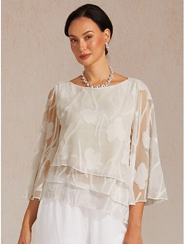  Femmes Tunique Chemisier Hauts en dentelle Dentelle Ourlet asymétrique Fleuri Élégant Manche 3/4 Manche cloche Col ras du cou Hauts Réguliers Quotidien robe demoiselle d honneur Beige Été Printemps