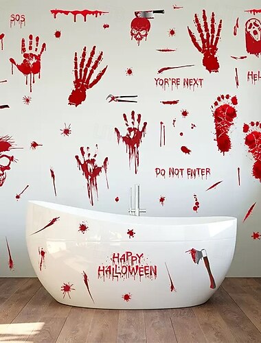  8 feuilles d'autocollants statiques pour fenêtres d'Halloween, 95 autocollants pour vitres avec empreintes de mains et de pieds ensanglantées et crânes, autocollants double face réutilisables pour la
