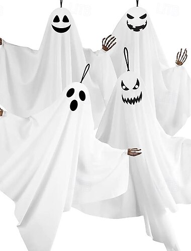  Lot de 4 décorations fantômes à suspendre pour Halloween, ornements de fantômes blancs effrayants avec des mains de squelette, décoration extérieure à suspendre pour porche, jardin, arbres, porte