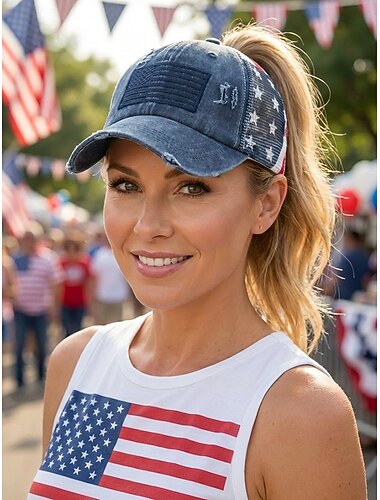  Patriottische baseballpet voor dames met paardenstaart, gemaakt van gewassen katoen. &Verstelbare truckerpet van mesh, veelkleurige zomerpet met Amerikaanse vlag voor 4 juli, Amerikaanse