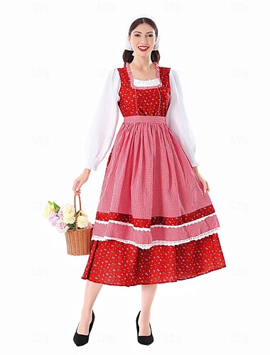  Oktoberfest Vestido de dirndl Conjunto de dirndl Disfraz de carnaval Maxi Cuadros vichy rojos Escote Cuadrado Julieta Mucama bávaro Alemán Munich prados Mujer Carnaval Festival de Cerveza Paño de