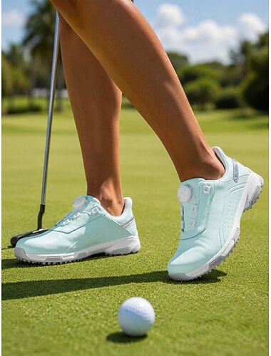  Zapatos de golf azules para mujer con cierre giratorio rápido. &Suela exterior de goma sin tacos con múltiples hojas - Calzado de golf cómodo de cuero microbiano impermeable para jugar en el campo.