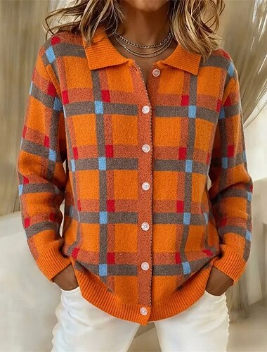  Damen Pullover Strickjacke Elegant Mode Streetwear Einfarbig Karomuster Hemdkragen Patchwork Knöpfe Gestrickt Langarm Normale Oberteile Stricken Täglich Heim Outdoor Blau Hellgrün Herbst Winter