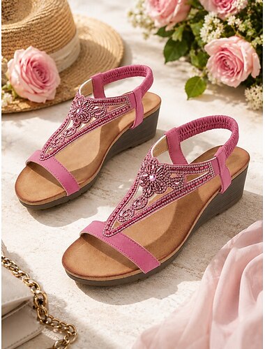  Sandálias femininas rosa-claro com tira em T e salto anabela com strass, sapatos de festa florais com salto baixo para convidadas de casamento, festas no jardim e férias de verão.