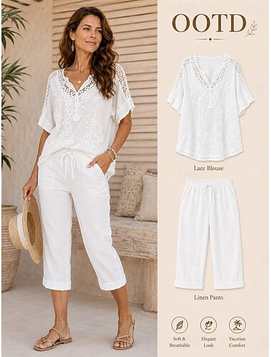  Mulheres Blusa Renda Côr Sólida à moda Casual Manga Curta Decote V Tops regulares Diário Azul Branco Preto Laranja Cinzento Verão Primavera Outono