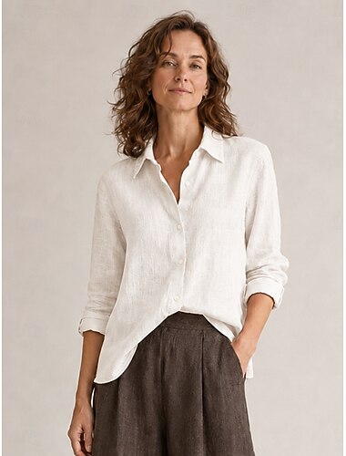  Damesblouse met lange mouwen, kraag, 100% Europees linnen, effen kleur, smart casual, blauw, wit, rood, oranje